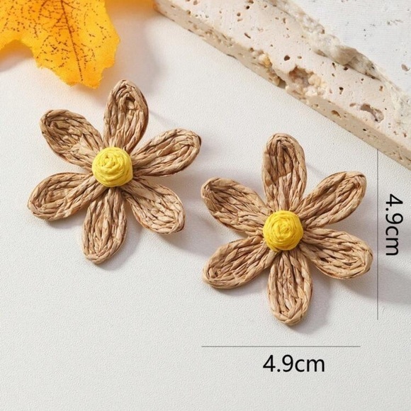 Straw Daisy Earrings stainless steel backing - Picture 3 of 3